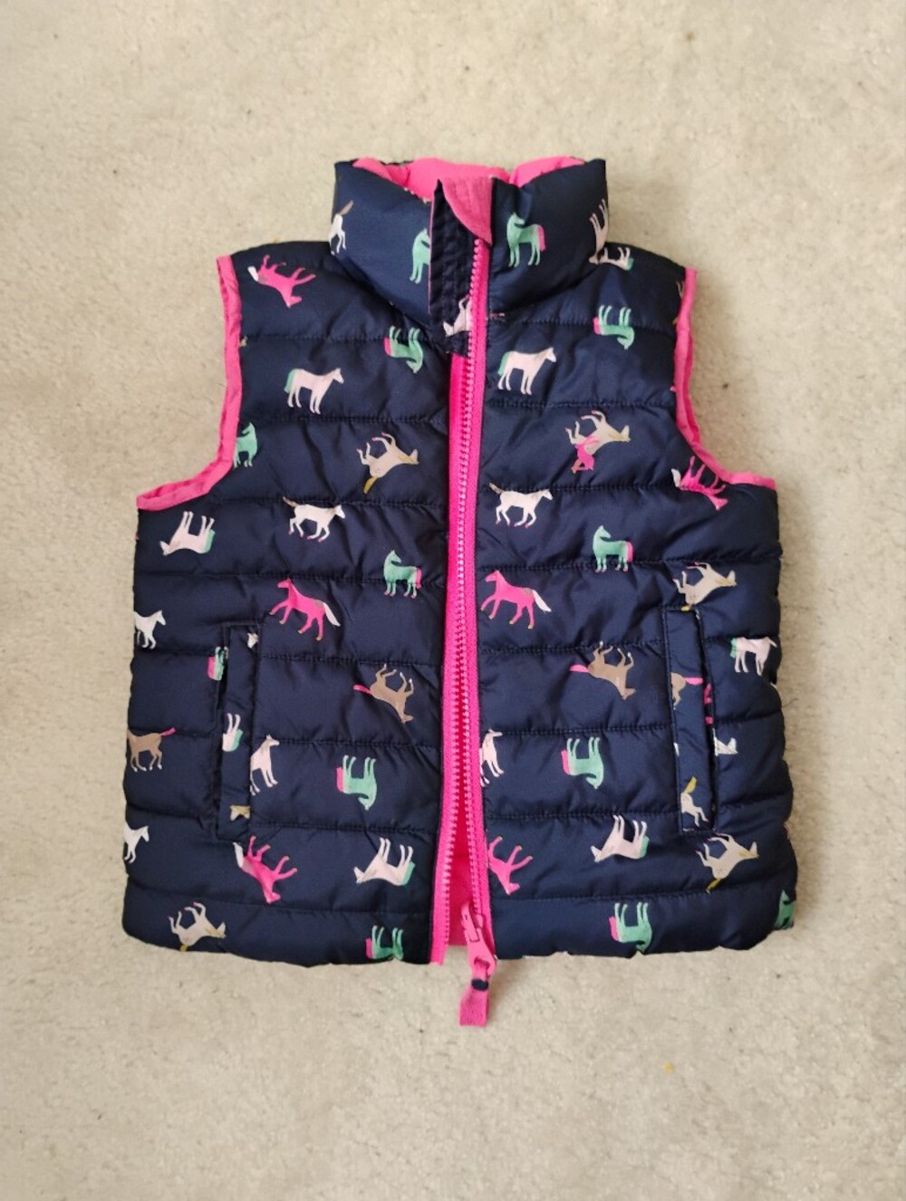 Joules Navy Horse Print Puffer Vest with Pink Trim Reversible